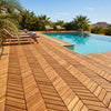 Acacia wood interlocking deck tiles arranged on a poolside, ideal for outdoor patios and balconies with waterproof.
