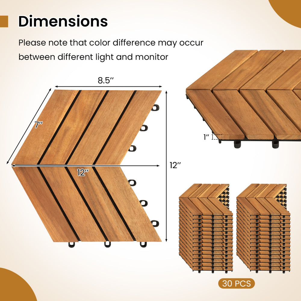 Acacia wood interlocking deck tiles showing dimensions, ideal for waterproof flooring in patios, balconies, and.