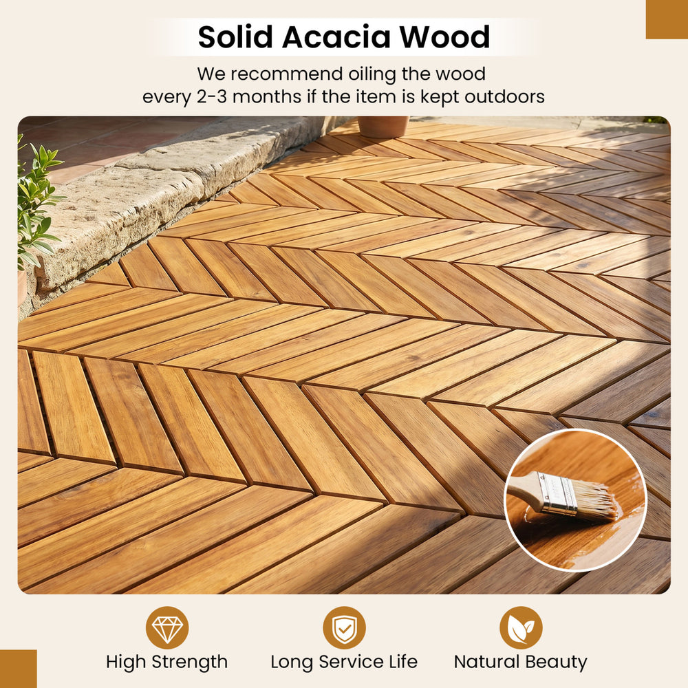 Close-up of solid acacia wood interlocking deck tiles, showcasing natural beauty and waterproof design for outdoor use.
