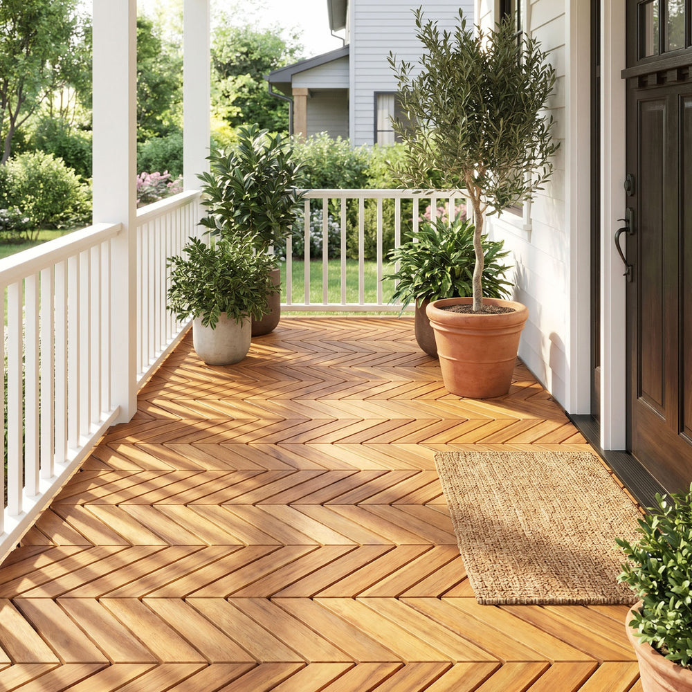 Acacia wood interlocking deck tiles arranged on a porch, ideal for outdoor use in patios and balconies.
