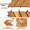 Interlocking 12 x 12 inch acacia wood deck tiles feature a tool-free setup, ideal for patios, balconies, and poolside use.