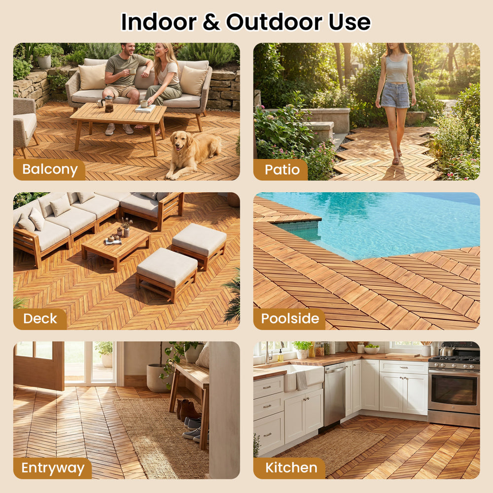 Acacia wood interlocking deck tiles in a natural finish, ideal for patios, balconies, and poolside areas.