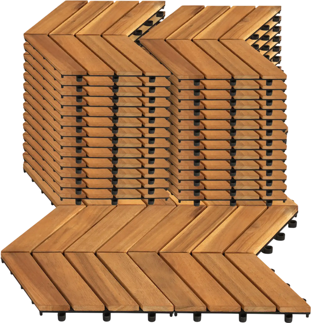 Acacia wood interlocking deck tiles in a natural finish, ideal for outdoor patios, balconies, and poolside areas.