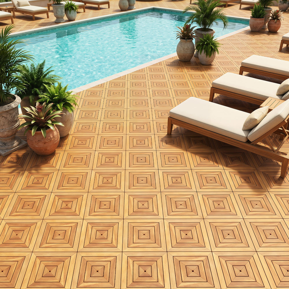 Acacia wood interlocking deck tiles arranged around a pool, showcasing their waterproof design and natural beauty.