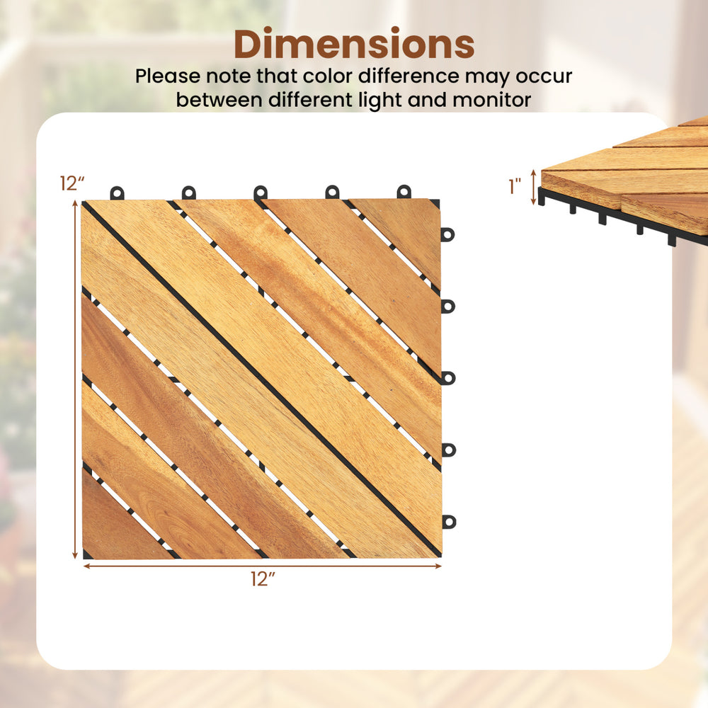Acacia wood interlocking deck tile, 12x12 inch, featuring a waterproof design, ideal for outdoor patios and balconies.