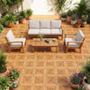 Acacia wood interlocking deck tiles in a patio setting, showcasing waterproof design and natural beauty for outdoor use.