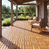 Acacia wood interlocking deck tiles in a natural finish, arranged on a patio for outdoor flooring solutions.