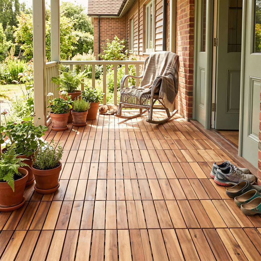 Acacia wood interlocking deck tiles arranged on a porch, ideal for outdoor use and easy to clean.