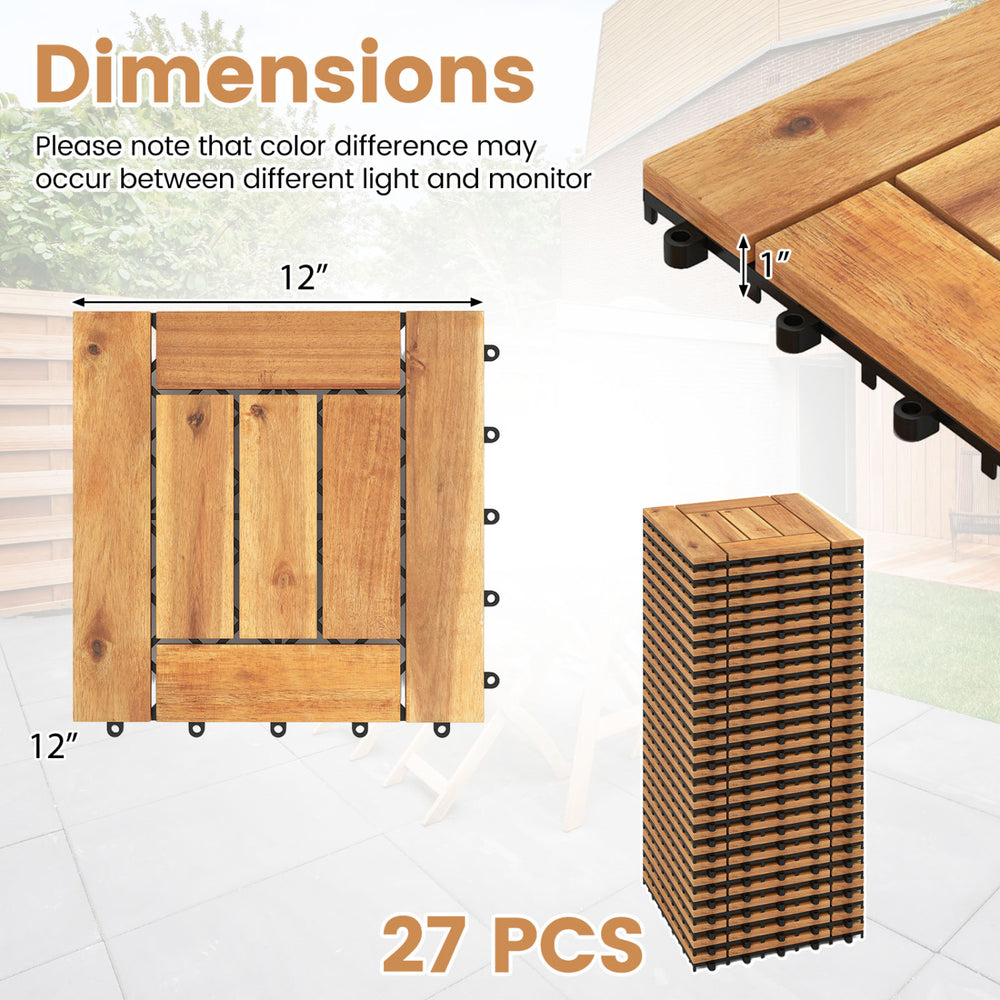 12" x 12" acacia wood floor tiles stacked, ideal for patio or poolside use, featuring a durable anti-deformation base.