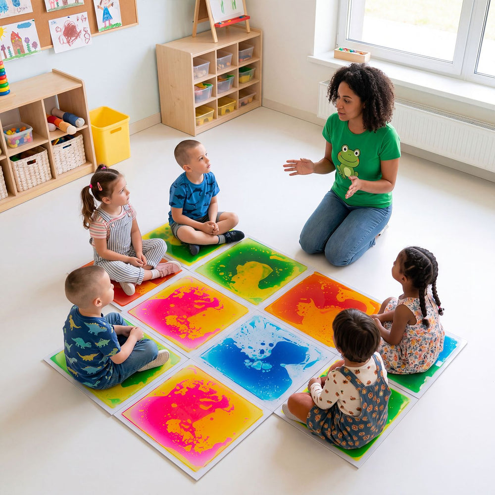 Colorful 12" x 12" toddler sensory floor tiles with anti-skid backing, ideal for promoting sensory development during play.