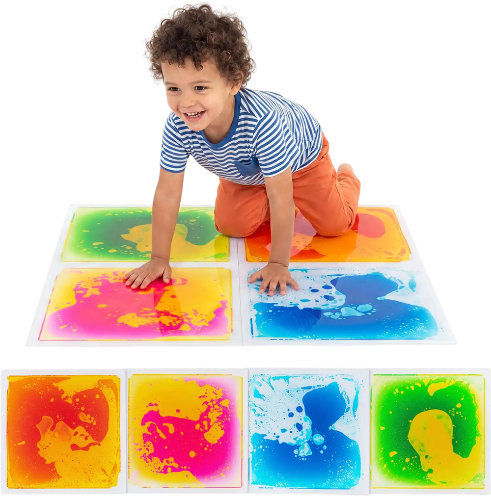 Colorful 12" x 12" toddler sensory floor tiles provide a fun, interactive experience that enhances sensory development during play.