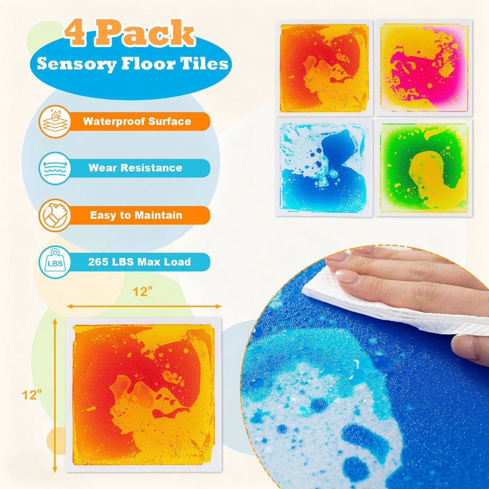 Colorful 12" x 12" toddler sensory floor tiles with anti-skid backing, promoting sensory development during play.