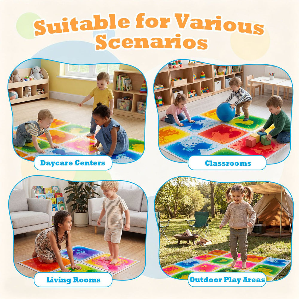 Colorful 12" x 12" toddler sensory floor tiles with anti-skid foam backing, ideal for daycare centers and play areas.