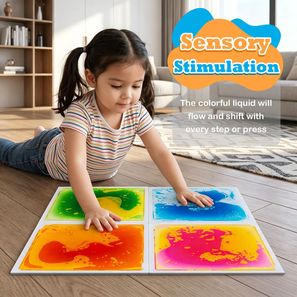 Colorful 12" x 12" toddler sensory floor tiles encourage sensory development with liquid flow and anti-skid foam backing.