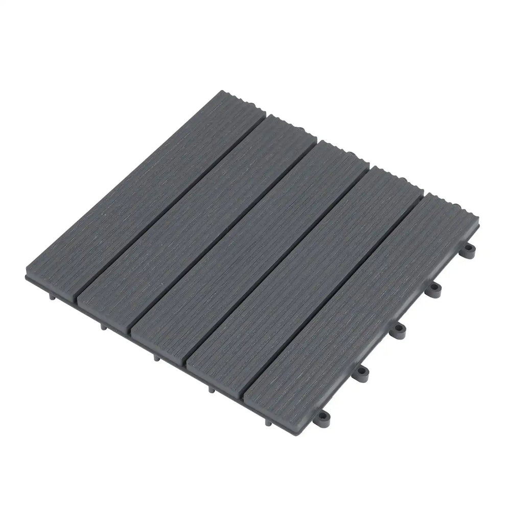 Gray 12” x 12” waterproof PP plastic interlocking deck tile with a non-slip surface, ideal for patio flooring.
