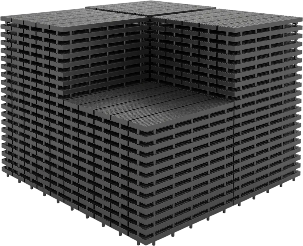 Gray 12” x 12” waterproof PP plastic interlocking deck tiles stacked for patio use, featuring a non-slip design and quick drainage.