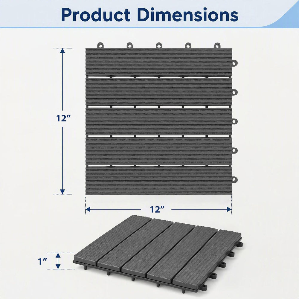 Interlocking 12” x 12” waterproof PP plastic deck tiles in gray, designed for easy installation and quick drainage.
