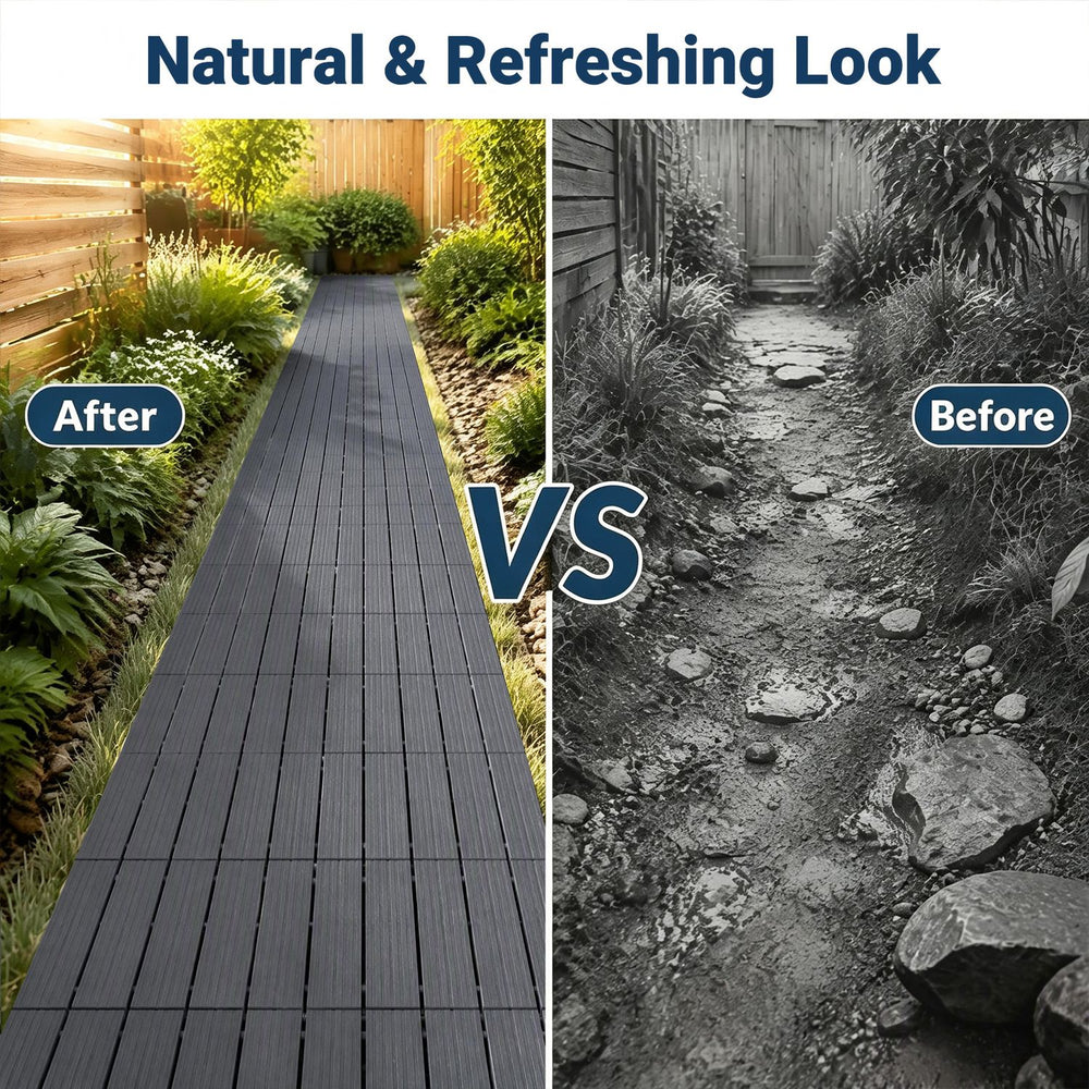 Interlocking 12” x 12” gray waterproof PP plastic deck tiles showcase a natural look, ideal for patio transformation.