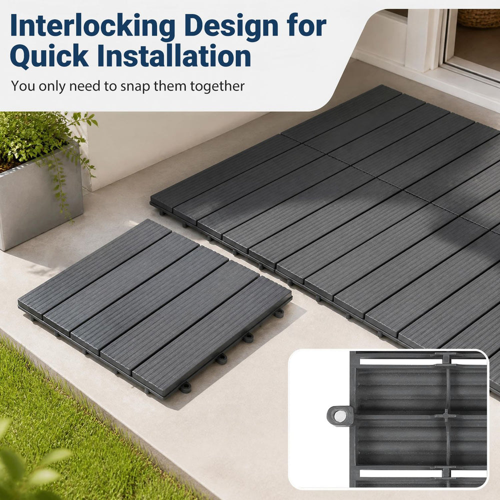 Gray 12” x 12” waterproof PP plastic interlocking deck tiles with a non-slip surface, ideal for quick patio installation.
