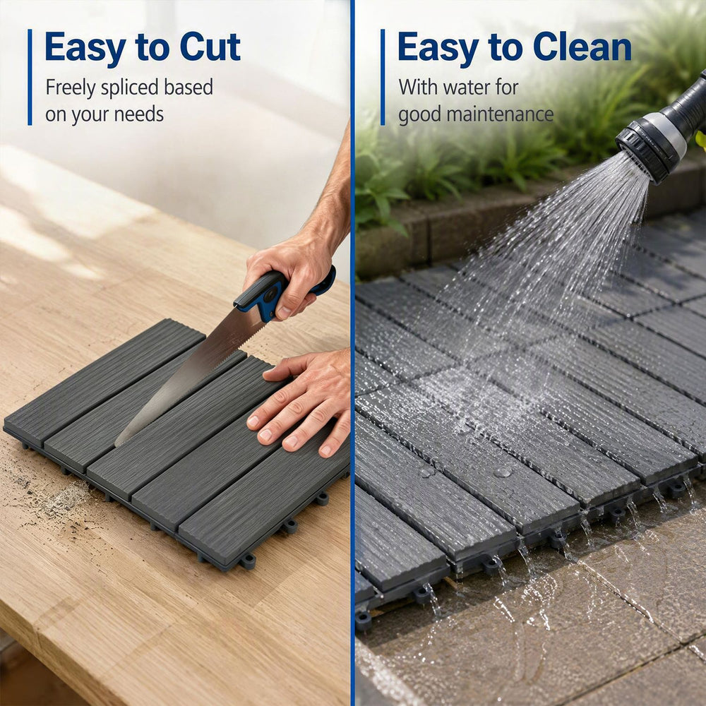 Interlocking 12” x 12” gray PP plastic deck tiles are easy to cut and clean, perfect for outdoor patio use.