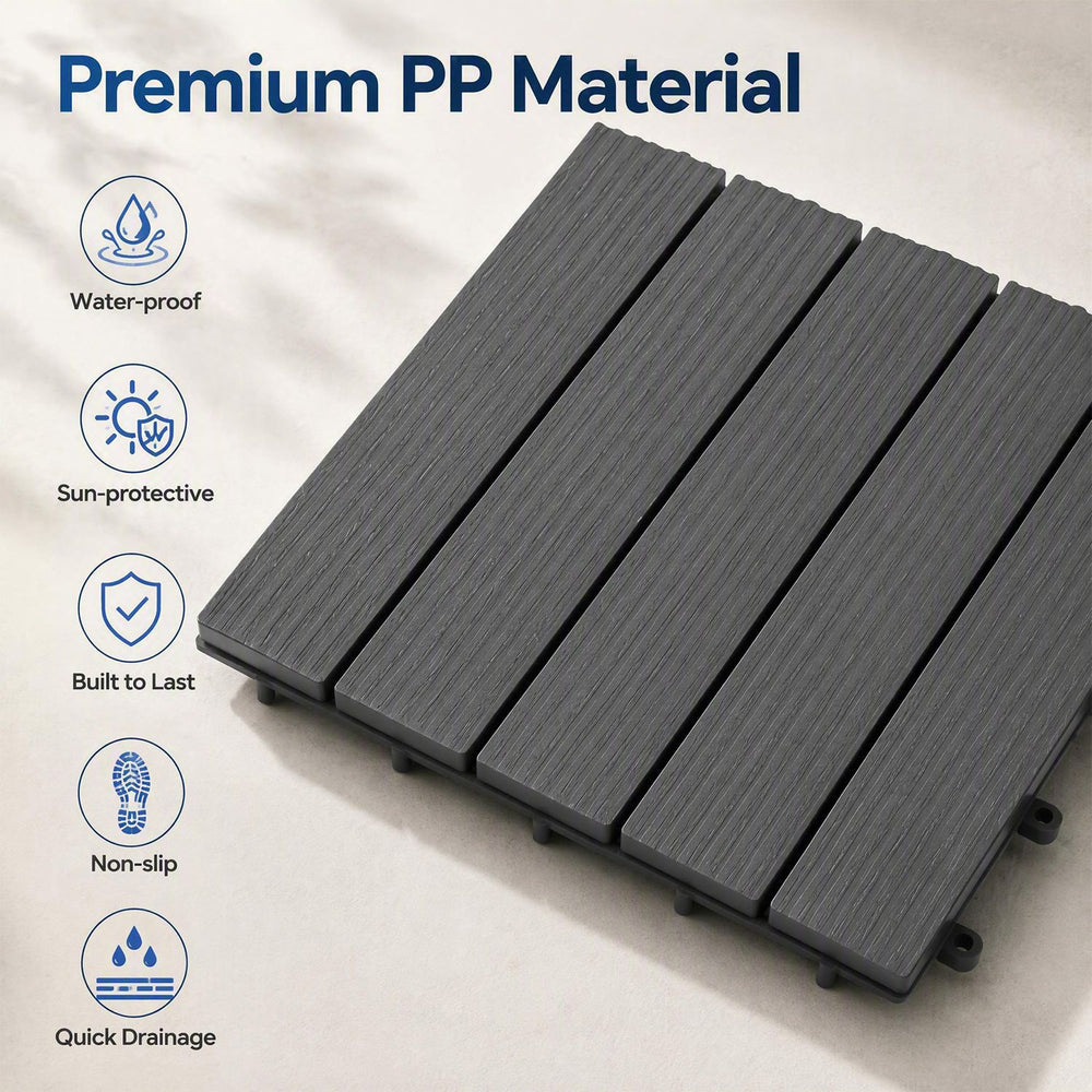 Gray 12” x 12” waterproof PP plastic interlocking deck tiles with non-slip surface, ideal for patio installation.