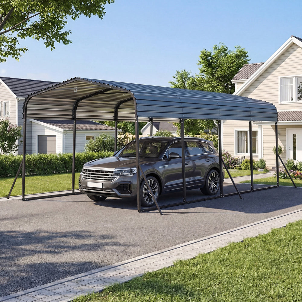 Heavy-duty 12 x 20 feet black carport with galvanized steel frame, providing all-weather protection for vehicles.