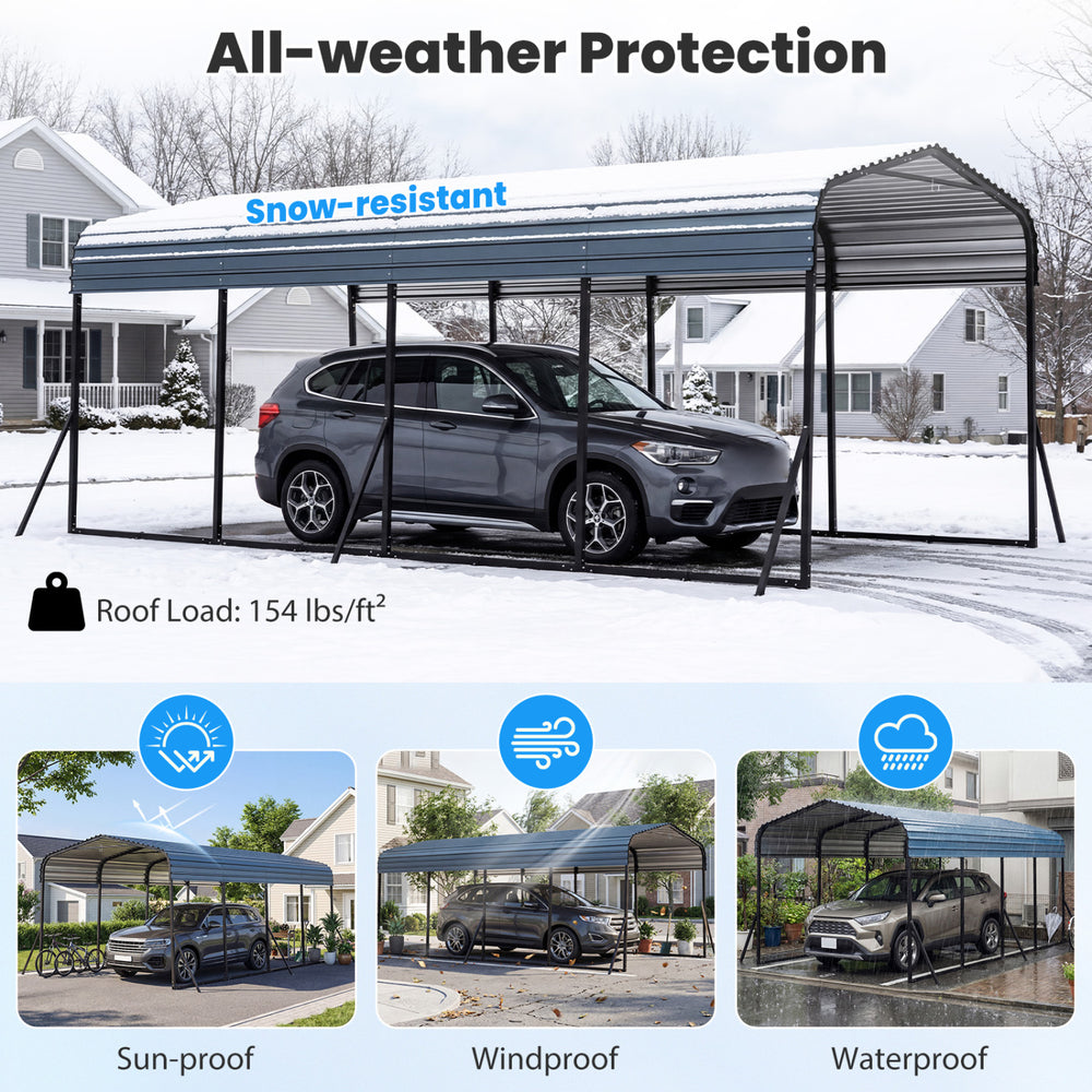 Heavy-duty 12 x 20 feet carport with galvanized steel frame, waterproof roof, and all-weather protection for vehicles.