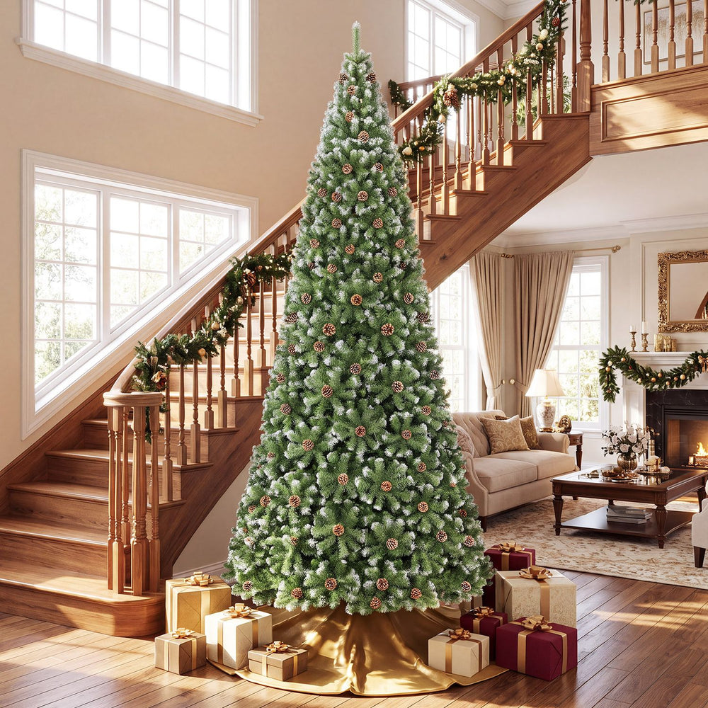 12 ft artificial Christmas tree with 4188 branch tips and realistic full spruce foliage fills a festive living room.