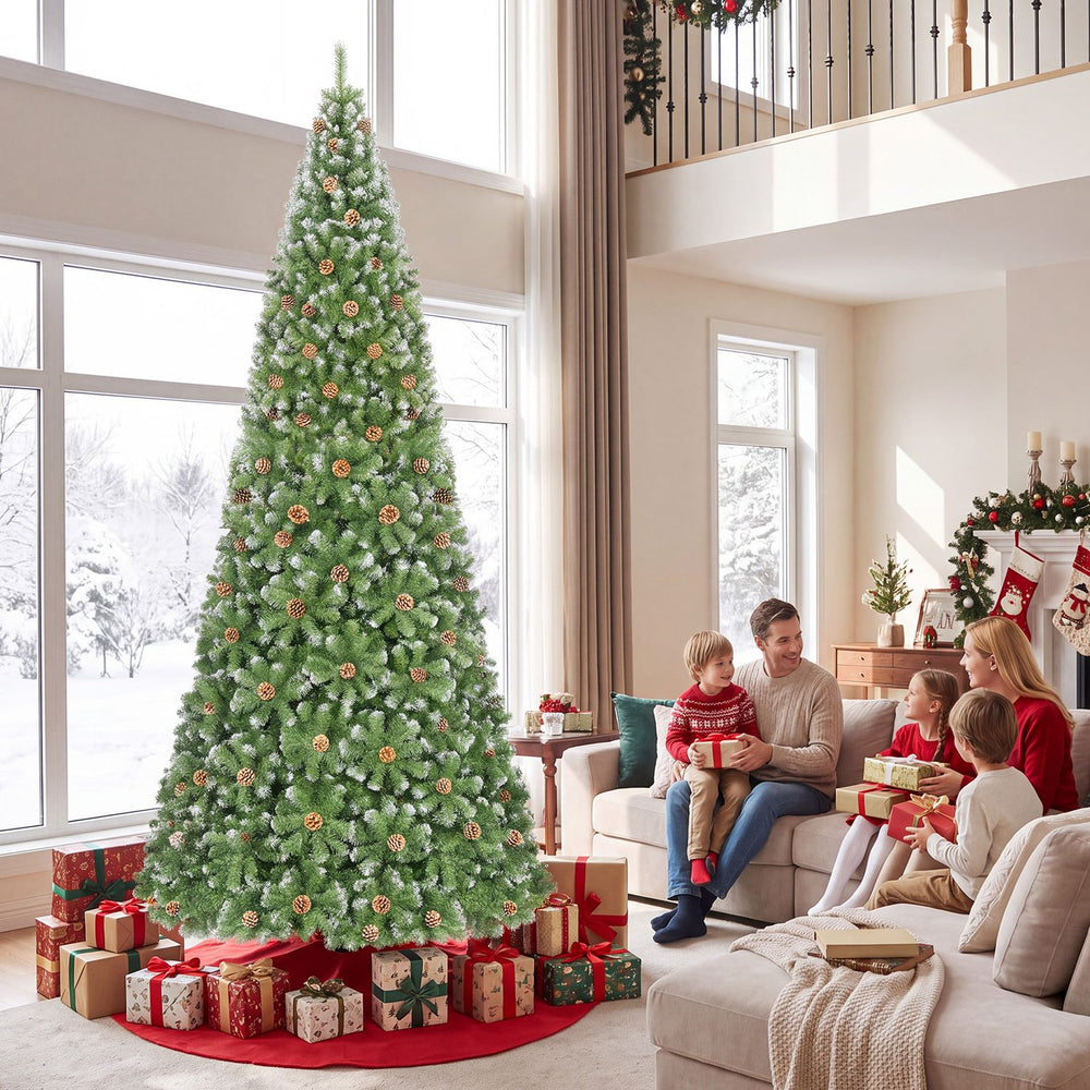 12 ft artificial Christmas tree with 4188 branch tips stands tall in a festive living room.