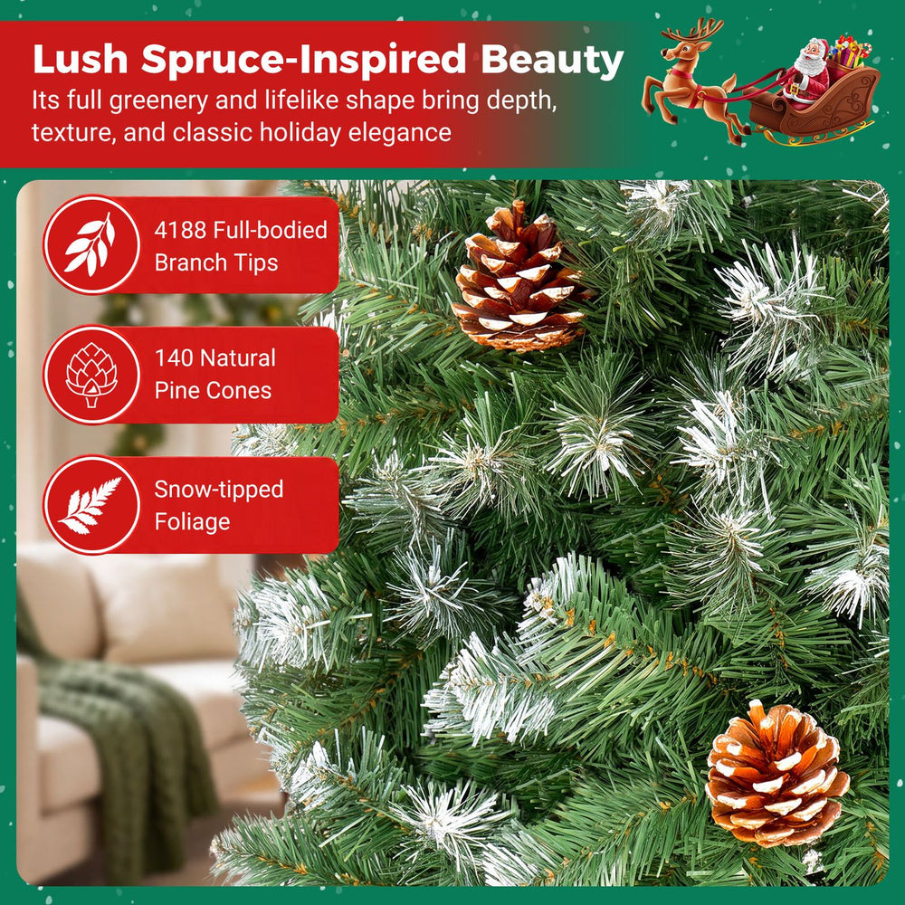 Close-up of the 12ft Artificial Christmas Tree with 4188 realistic full spruce branch tips and snow-tipped pinecones.