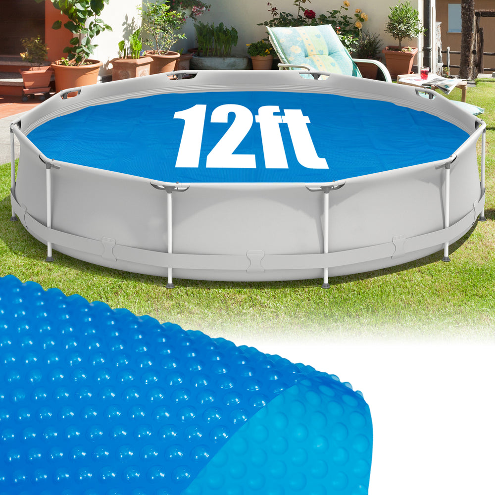 12ft round above ground swimming pool with a blue bubble cover, designed to retain heat and reduce debris contamination.