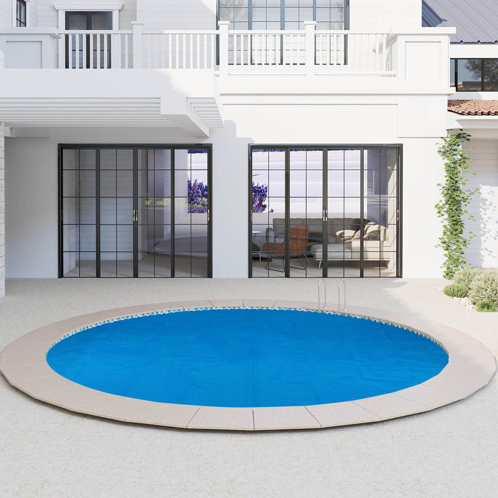 Round 12ft x 30in above ground swimming pool with a cover, designed to retain heat and reduce debris for optimal.