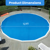 12ft round pool cover shown on a wooden deck, made from durable PE material, designed to reduce debris and evaporation.
