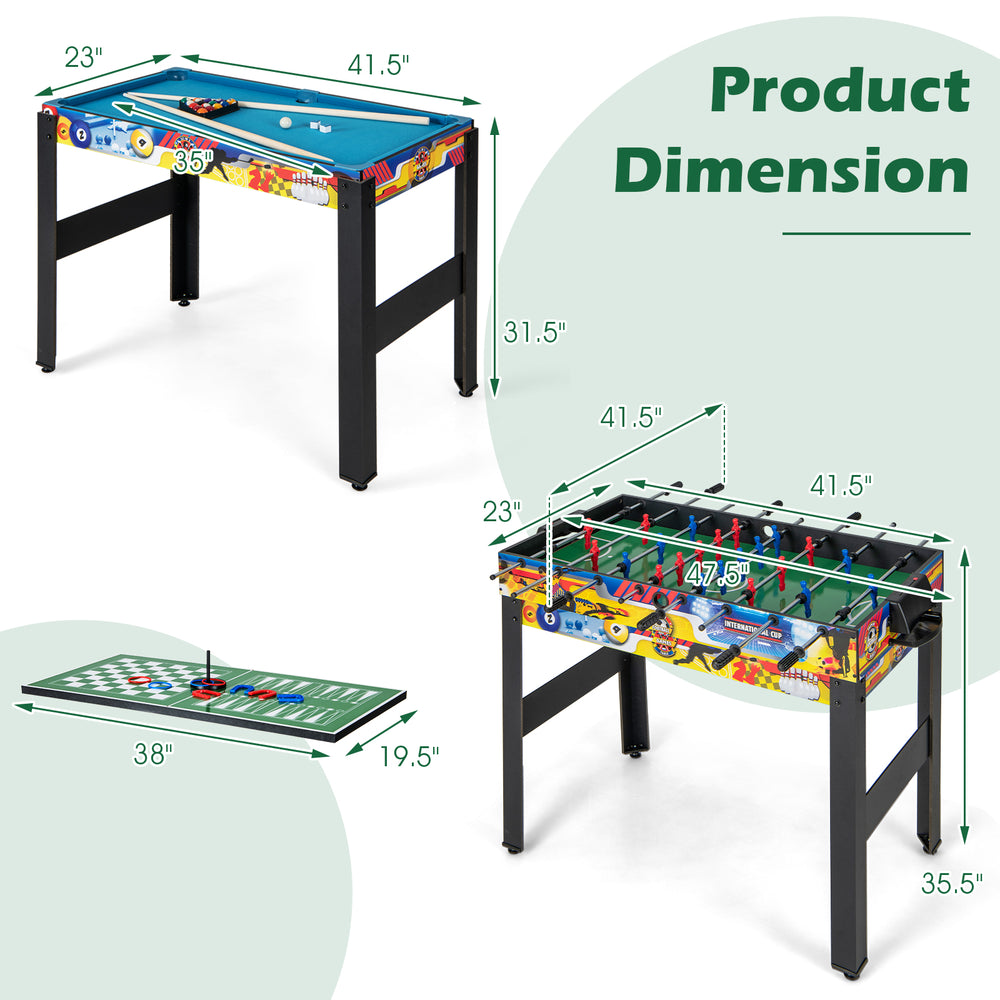12-in-1 combo game table set dimensions with foosball, air hockey, and pool surfaces for versatile gaming fun.