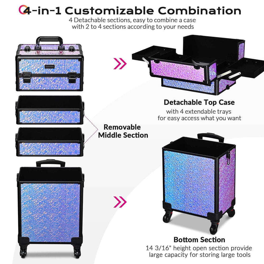 Yescom Rolling Makeup Case 4 in 1 Aluminum Keylock Mermaid Black New