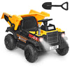 Kids ride-on dump truck in yellow with electric bucket, detachable shovel, and remote control for outdoor fun.