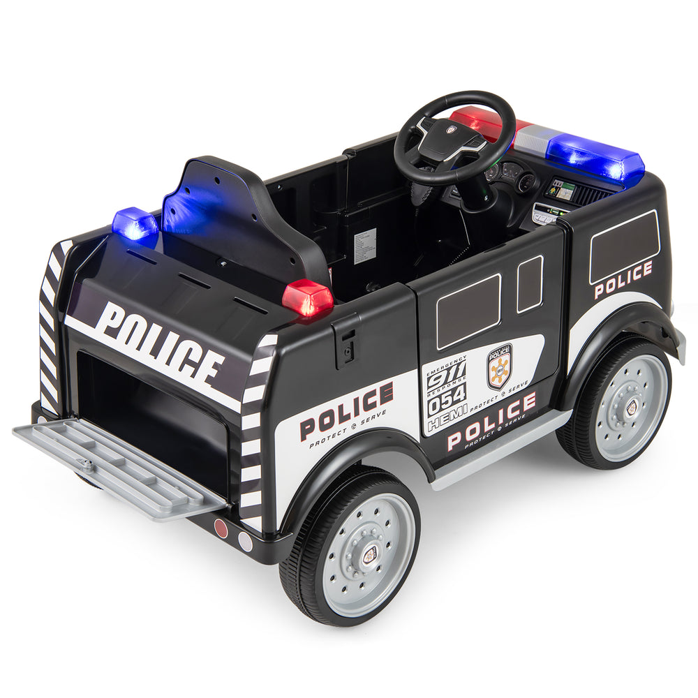 Battery-powered police vehicle with flashing lights, remote control, and realistic driving features for kids' fun.