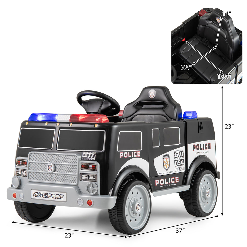 Battery-powered electric police vehicle in black with realistic features, remote control, and multifunctional panel for.