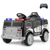 Close-up of the black 12V battery-powered police vehicle's steering wheel and foot pedal, designed for kids' realistic.