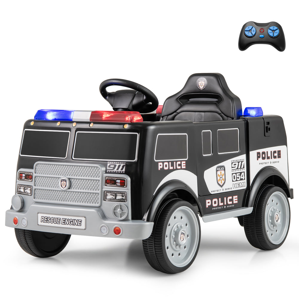 Close-up of the black 12V battery-powered police vehicle's steering wheel and foot pedal, designed for kids' realistic.