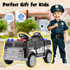 Battery-powered electric police vehicle in black with realistic controls, lights, and megaphone for kids' fun.