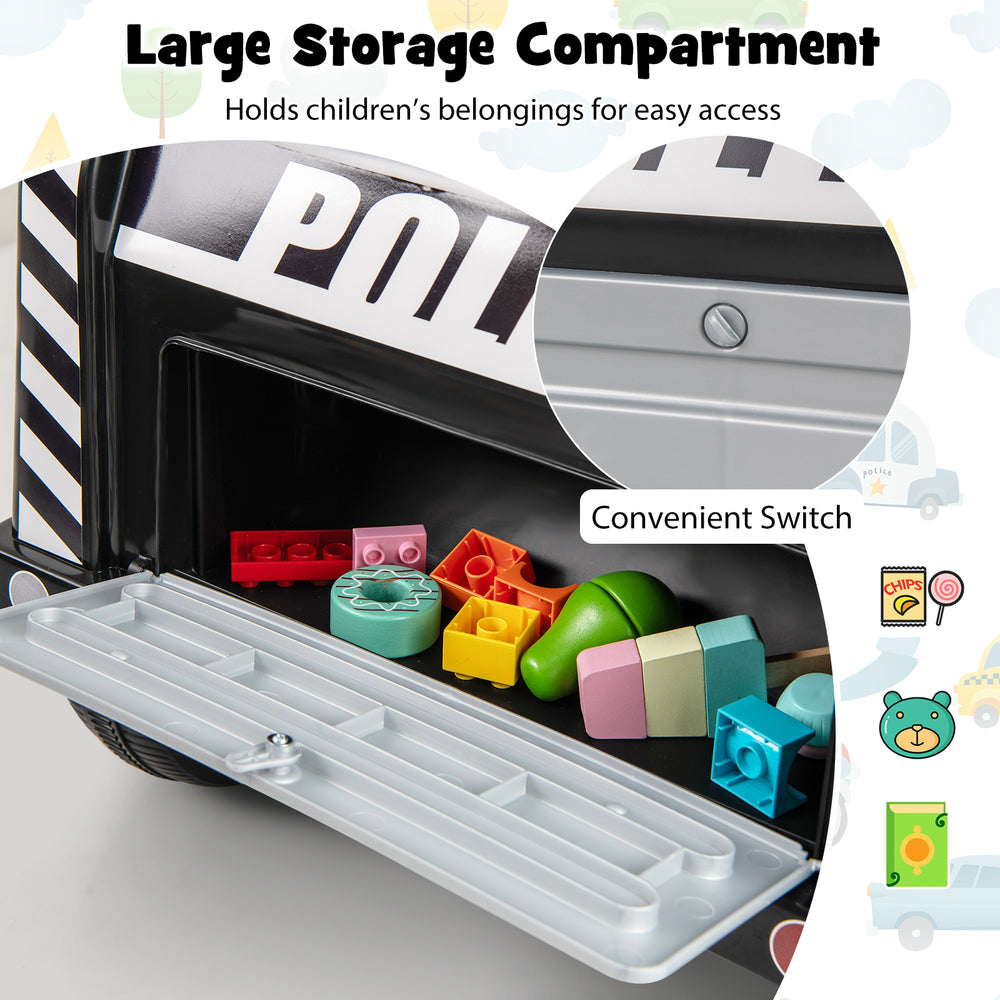 Large storage compartment of the black 12V electric vehicle, holding colorful building blocks for easy access.