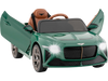 Green licensed Bentley Bacalar kids ride-on car with open doors, LED lights, and parent control mode for safe driving.