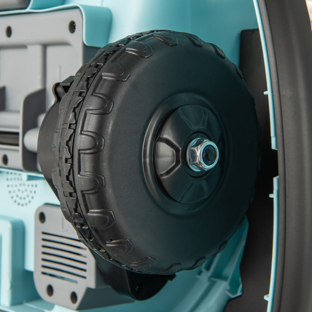 Close-up of the 12V kids ride-on bumper car's durable black wheel, designed for smooth movement on various surfaces.
