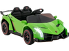 Side view of the green 12V Lamborghini kids ride-on sports car, highlighting the sleek design and sporty rear spoiler.