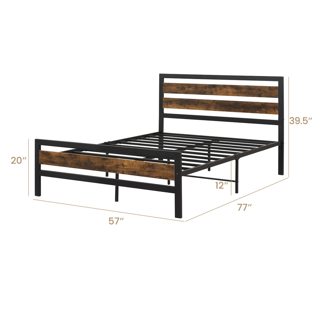 Full/Queen industrial bed frame with rustic headboard and footboard, featuring 12" under-bed clearance for storage.