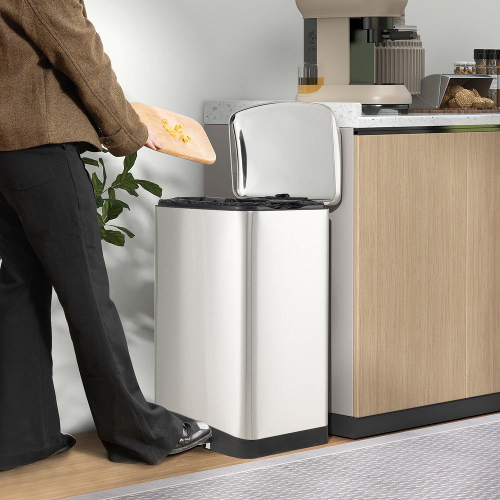 Stainless steel 13.2 gal trash can with lock device, soft closing lid, and anti-fingerprint finish for kitchen use.