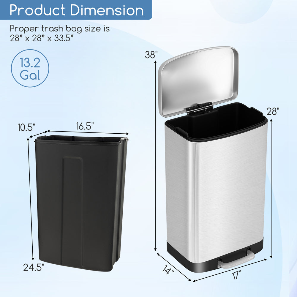 Stainless steel 13.2 gal trash can with lock device, soft closing lid, and anti-fingerprint finish, ideal for waste.