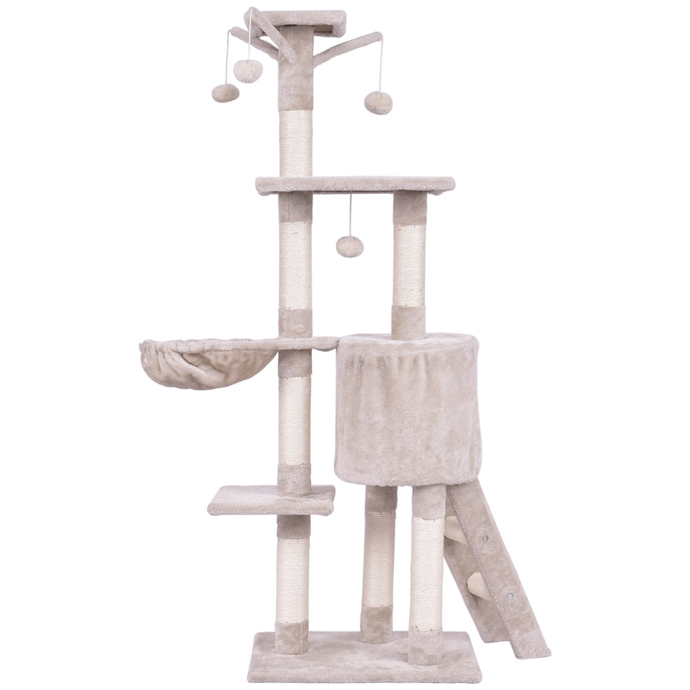 56-inch cat play tree with scratching posts, two platforms, and cozy hideaway, perfect for climbing and lounging.