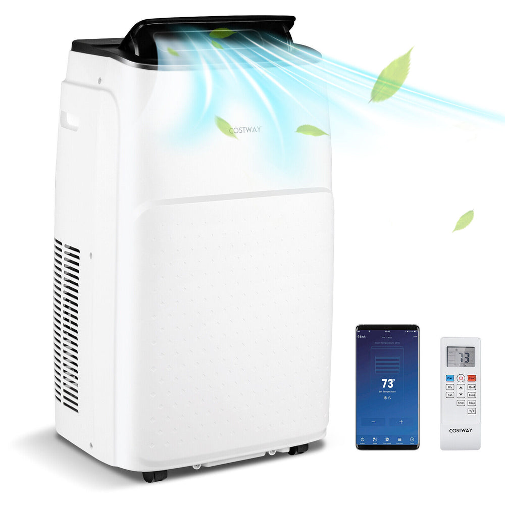 13000 BTU portable air conditioner in white with app control, remote, and adjustable air supply for convenient cooling.